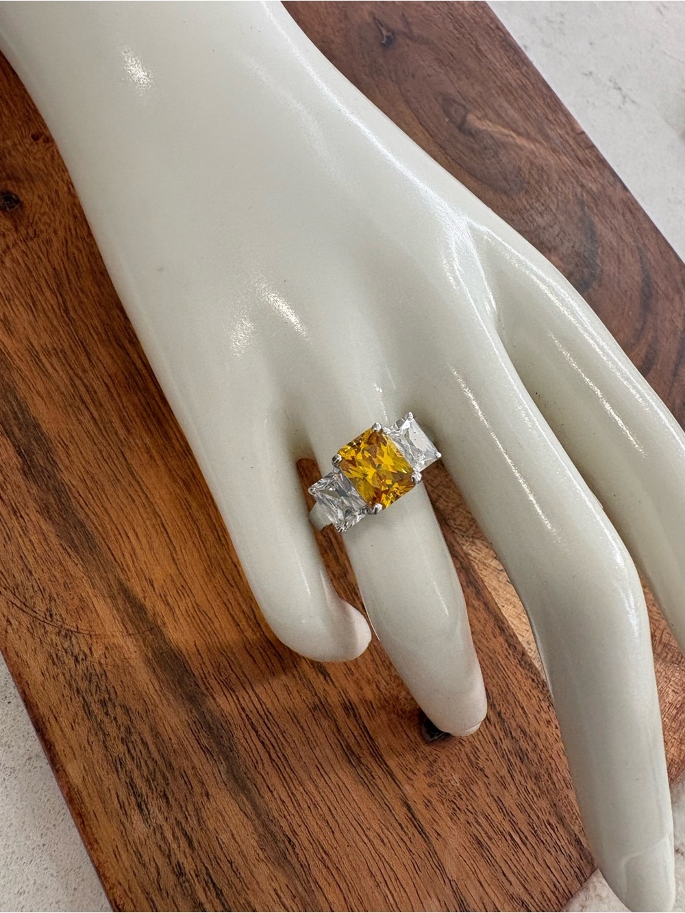 18K Gold Electroplated Yellow Center Stone Three-Stone Ring - Size 7.5